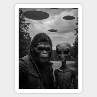 Funny Bigfoot Selfie with Alien and UFOs Sticker